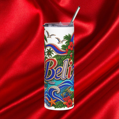 Belize Tropical Stainless Tumbler 20oz Travel Cup with Palm, Hibiscus & Seaside Design