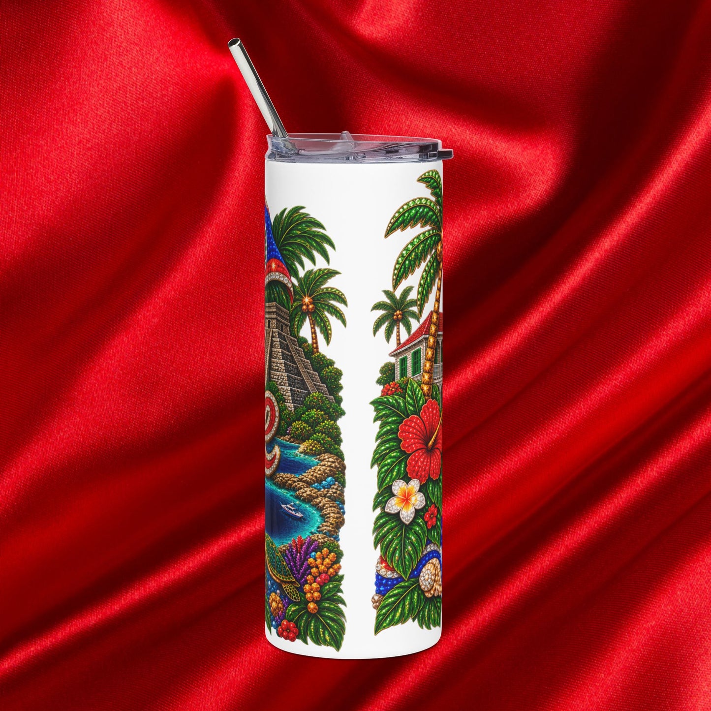 Belize Tropical Stainless Tumbler 20oz Travel Cup with Palm, Hibiscus & Seaside Design