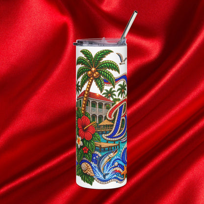 Belize Tropical Stainless Tumbler 20oz Travel Cup with Palm, Hibiscus & Seaside Design