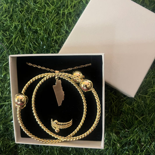 La Isla Bonita Harmony Loops Bundle, gold plated Belizean bangles, ring, and Belize map necklace.