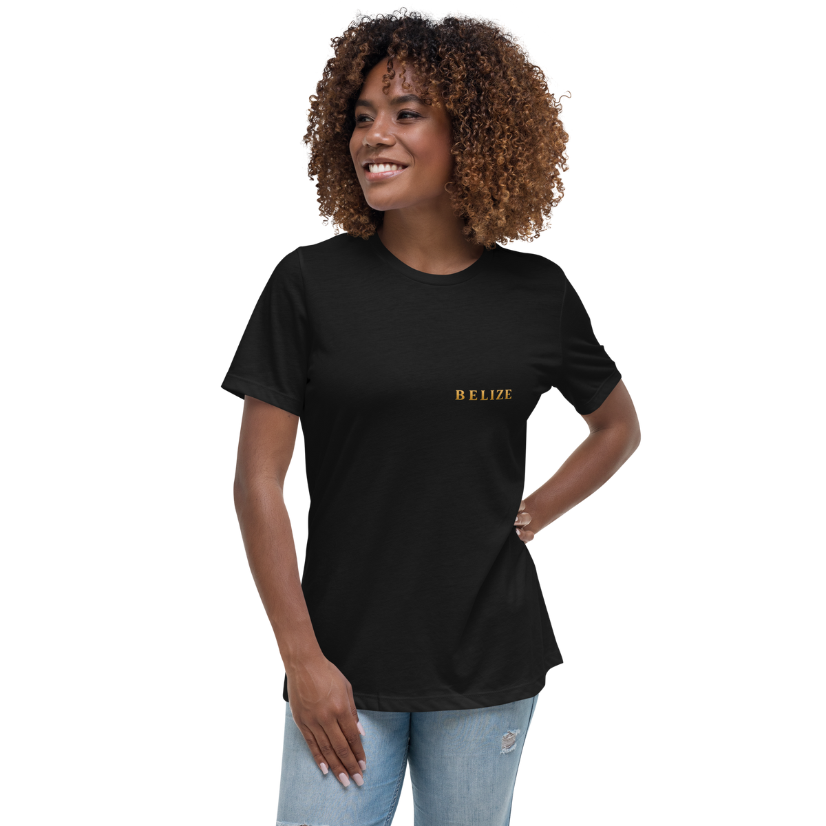 Front of black Belize Gold relaxed-fit t-shirt for women
