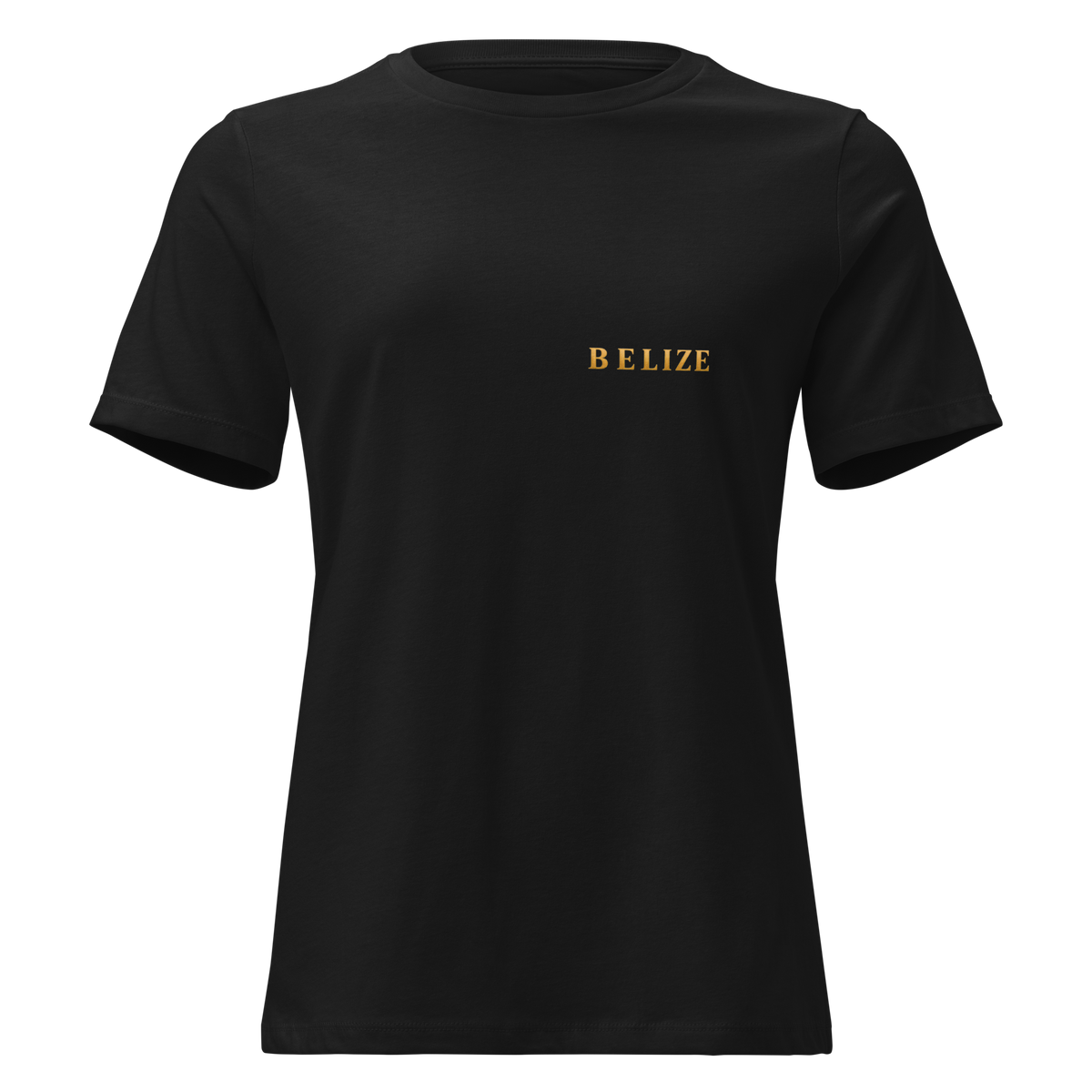 Belize Gold women’s relaxed t-shirt in black, front view