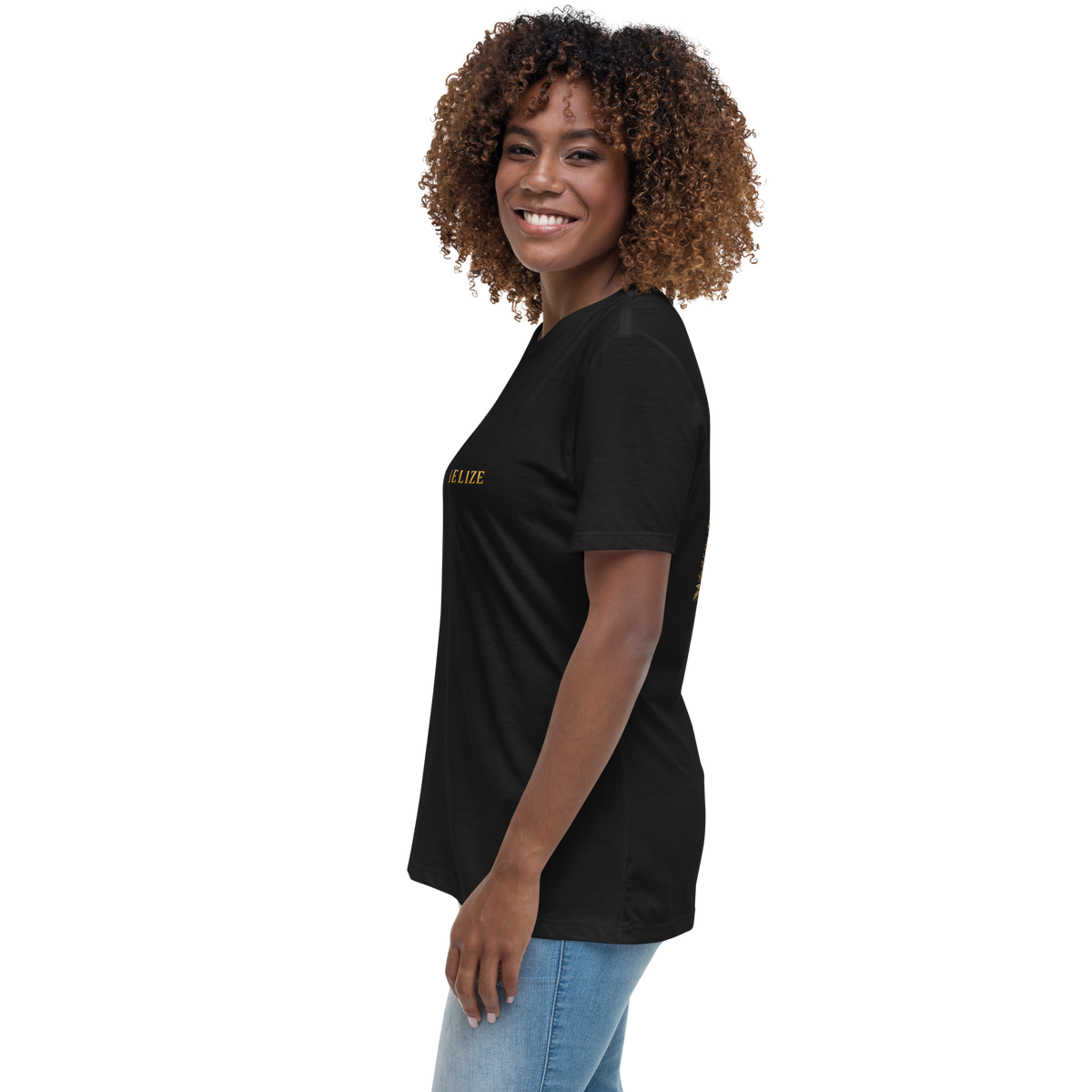 Black Belizean pride tee for women, left side
