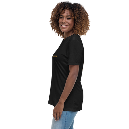 Black Belizean pride tee for women, left side
