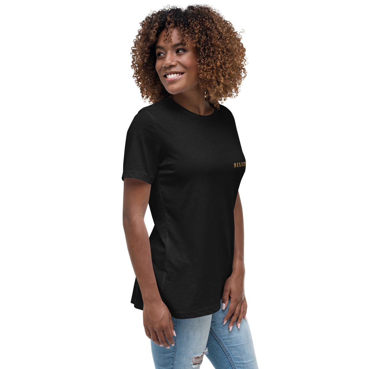 Belize Gold women’s t-shirt in black, right front angle
