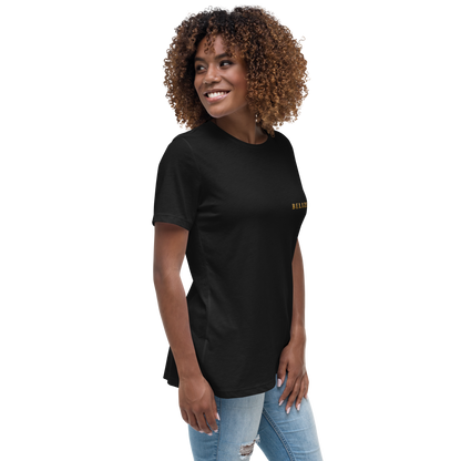 Belize Gold women’s t-shirt in black, right front angle
